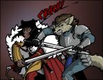  anthro armor blood bodily_fluids canid canine canis cassandra_(labjer) colored duel duo female fight gradient_background human jaclyn_(revertigo) labjer mammal melee_weapon simple_background snarling sound_effects sword text weapon wolf wounded 