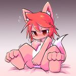  1girl @_@ animal_ear_fluff animal_ears animal_feet bangs bed_sheet between_legs blush body_fur breath commentary_request covering covering_crotch embarrassed feet flat_chest flying_sweatdrops fox_ears fox_girl fox_tail full_body furry furry_female gradient gradient_background grey_background hand_between_legs hand_on_own_chest hand_up have_to_pee highres looking_down nose_blush open_mouth original red_eyes red_fur red_hair riipappa shiny shiny_hair short_hair sidelocks simple_background sitting solo spread_legs sweat tail trembling two-tone_fur white_fur 