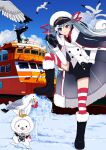  1girl animal animal_on_head bangs binoculars bird bird_on_head blue_eyes blue_hair blush boat boots buttons clothed_animal coat coat_on_shoulders collared_shirt crab day double-breasted eyewear_removed fur_trim gloves hair_ornament hand_on_hip hat hatsune_miku highres holding holding_eyewear ice_sculpture jacket knee_up lens_flare long_sleeves mofmama multicolored_hair necktie on_head pink_hair rabbit sailor_hat seagull shirt shorts sky smile snow solo_focus standing standing_on_one_leg striped striped_legwear sunglasses thick_eyebrows thighhighs vocaloid watercraft white_hair yuki_miku yuki_miku_(2022) 