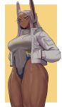  1girl animal_ears artist_name bangs boku_no_hero_academia breasts closed_mouth dark-skinned_female dark_skin eyelashes gud0c hands_in_pockets highres jacket large_breasts leotard long_hair mirko parted_bangs rabbit_ears red_eyes solo thick_thighs thighs white_jacket 