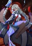  1girl ahoge arm_support bare_legs barefoot blazblue blue_nails bodysuit braid braided_ponytail breasts closed_mouth collar eyepatch feet full_body highres huge_ahoge huge_weapon long_hair looking_away nail_polish nu-13 red_eyes shaded_face single_braid solo sword thighs udakyo weapon 