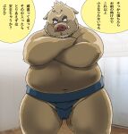  2022 anthro asian_clothing belly big_belly canid canine clothing dekatanu duo east_asian_clothing japanese_clothing japanese_text kemono macro male mammal mawashi navel overweight overweight_male solo_focus suid suina sus_(pig) text wild_boar 