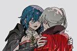  2girls bangs blue_eyes blue_hair breasts byleth_(fire_emblem) byleth_(fire_emblem)_(female) cape edelgard_von_hresvelg fire_emblem fire_emblem:_three_houses gloves hair_ornament highres large_breasts long_hair looking_at_viewer medium_hair multiple_girls open_mouth sanya_(artist) side_ponytail simple_background tears white_hair yuri 