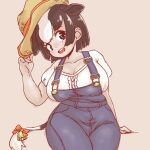  1girl animal_ears bell black_hair bow brown_eyes center_frills commentary_request cow_ears cow_girl cow_tail denim extra_ears frills hand_on_headwear hat_tip holstein_friesian_cattle_(kemono_friends) kemono_friends looking_at_viewer maki_(02uh14l1b740ao2) multicolored_hair overalls shirt short_hair short_sleeves sitting solo t-shirt tail tail_bell tail_bow tail_ornament two-tone_hair white_hair white_shirt 