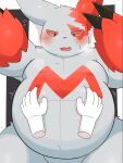  5_fingers ai_only_dream anthro belly belly_squish black_claws blush claws cute_fangs disembodied_hand duo finger_claws fingers front_view fur grey_body grey_ears grey_fur hands_on_belly hi_res looking_down nintendo nude overweight overweight_anthro pink_tongue pok&eacute;mon pok&eacute;mon_(species) red_body red_ears red_fur solo_focus squish tongue video_games white_hands zangoose 