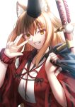  1girl animal_ear_fluff animal_ears bag bookbag breasts brown_eyes fate/grand_order fate_(series) fox_ears hair_between_eyes hat headwear_request highres katana long_hair medium_breasts scrunchie shoori_(migiha) smile solo suzuka_gozen_(fate) sword type-moon upper_body v weapon white_background wrist_scrunchie yellow_eyes 