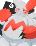  2022 ai_only_dream anthro belly black_eyes blush bodily_fluids cute_fangs fur grey_body grey_ears grey_fur grey_tail hand_on_stomach hi_res multicolored_body multicolored_fur nintendo nude overweight pictographics pok&eacute;mon pok&eacute;mon_(species) red_body red_ears red_fur solo speech_bubble sweat sweatdrop text two_tone_body two_tone_fur video_games zangoose 