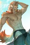  1boy abs aixiwuganda_(20222192) alternate_costume animal_ears arknights bangs bara black_male_swimwear brown_fur bulge dog_boy dog_ears from_below furry furry_male hand_on_own_head highres horns hung_(arknights) large_pectorals male_focus male_swimwear medium_hair multicolored_hair muscular muscular_male navel nipples orange_eyes orange_hair partially_submerged pectorals single_horn smirk solo stomach streaked_hair swim_briefs thick_thighs thighs topless_male two-tone_fur 