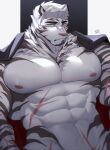  1boy abs animal_ears arknights bara bare_pectorals bottomless furry furry_male hachi_duchi highres jacket jacket_on_shoulders large_pectorals looking_at_viewer male_focus mountain_(arknights) muscular muscular_male navel navel_hair nipples out-of-frame_censoring pectorals scar scar_across_eye scar_on_arm scar_on_face scar_on_stomach short_hair solo stomach thick_eyebrows tiger_boy tiger_ears white_fur white_hair 
