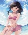  1girl :d absurdres bangs bikini black_hair blue_sky breasts cleavage clip_studio_paint_(medium) cloud collarbone commentary_request highres holding_hands long_hair looking_at_viewer medium_breasts navel open_mouth original pink_bikini pov red_eyes sky smile sun swimsuit teeth upper_teeth yukiko_(tesseract) 