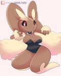  anthro blush breasts brown_body cleavage clothed clothing english_text female hi_res kneeling lopunny nintendo onigiri_punch pok&eacute;mon pok&eacute;mon_(species) solo text video_games 