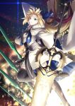  1girl armor armored_dress artoria_caster_(fate) artoria_caster_(third_ascension)_(fate) artoria_pendragon_(fate) black_gloves blue_ribbon blurry bokeh boots cloak crown depth_of_field facial_mark fate/grand_order fate_(series) forehead_mark gloves green_eyes hair_ribbon high_heels highres long_hair looking_at_viewer marmyadose_(fate) ribbon shoori_(migiha) smile solo thigh_boots very_long_hair white_cloak 