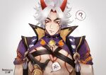  1boy arataki_itto chest_harness collar crop_top fonnarnia genshin_impact grabbing harness horns long_hair male_focus oni oni_horns pectoral_grab pectoral_lift pov pov_hands red_eyes solo_focus spiked_collar spikes toned toned_male underpec upper_body white_hair 