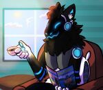  absurd_res anonymous_artist anthro beverage black blue chair cloud container cup fur furniture glowing glowing_pawpads hi_res machine magazine male mareen pawpads pillow protogen reptile scalie solo sun turtle white_body white_fur window 