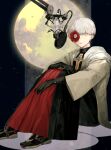  1boy absurdres asuka_r._kreutz black_gloves blonde_hair carol0905 cross eyepatch full_moon gloves guilty_gear guilty_gear_strive highres hood male_focus microphone moon on_floor parted_lips robe short_hair sitting solo star_(sky) studio_microphone wide_sleeves 