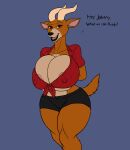  antelope anthro big_breasts bovid breasts brown_body brown_eyes brown_fur carol_the_antelope clothed clothing curvy_figure dialogue female fluffy fluffy_tail fur hi_res horn johnny_bravo_(series) karnator mammal nipple_outline nipples open_mouth open_smile orange_body orange_fur partially_clothed simple_background smile solo teeth thick_thighs tongue voluptuous wide_hips 