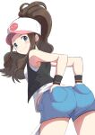  1girl absurdres arms_behind_back ass bare_arms baseball_cap black_vest blue_eyes blue_shorts blush brown_hair closed_mouth contrapposto cutoffs denim denim_shorts from_behind hair_through_headwear hands_in_pockets hat high_ponytail highres hilda_(pokemon) leaning_forward long_hair looking_at_viewer looking_back negimiso1989 poke_ball_print pokemon pokemon_(game) pokemon_bw ponytail shirt short_shorts shorts sidelocks simple_background sleeveless sleeveless_shirt smile solo thighs vest white_background white_shirt wristband 