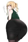  1girl absurdres ass bare_shoulders bent_over black_skirt blonde_hair blue_eyes blush brown_legwear cross cross_earrings earrings from_behind genshin_impact gusuta highres jean_(genshin_impact) jewelry long_hair looking_back office_lady pantyhose parted_lips pencil_skirt ponytail ribbed_sweater simple_background skirt sleeveless sleeveless_sweater solo sweater text_focus translated white_background 