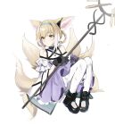 1girl animal_ears ankle_boots arknights bare_shoulders black_collar black_footwear black_gloves blonde_hair blue_hairband boots braid clothing_cutout collar dress earpiece fox_ears fox_girl fox_tail gloves green_eyes hairband highres holding holding_staff infection_monitor_(arknights) invisible_chair joshua_(shisanli934) kitsune knees_up light_blush long_hair multicolored_hair multiple_tails pantyhose purple_dress shoulder_cutout simple_background sitting solo staff streaked_hair suzuran_(arknights) tail torn_clothes torn_legwear two-tone_dress white_background white_dress white_hair white_legwear 
