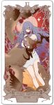  1girl brown_eyes copyright_name deer dress feet_out_of_frame flower joseph_lee long_hair pixiv_fantasia pixiv_fantasia_last_saga purple_hair solo tarot v_(pixiv_fantasia) very_long_hair wavy_hair white_dress 