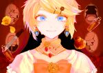  1girl aku_no_musume_(vocaloid) bangs blonde_hair blue_eyes bottle bow brooch capelet crying curtains detached_collar earrings evillious_nendaiki flower flower_ornament four_mirrors_of_lucifenia hair_ornament hairclip highres jewelry kagamine_rin knife looking_at_viewer painting_(object) portrait_(object) riliane_lucifen_d&#039;autriche rose sen-san smile solo swept_bangs vessel_of_sin vocaloid 