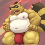  2022 anthro asian_clothing belly big_belly black_nose bulge canid canine clothing east_asian_clothing fundoshi green_eyes humanoid_hands japanese_clothing kemono male mammal moobs navel nipples overweight overweight_male raccoon_dog red_clothing red_fundoshi red_underwear rockmai3 sengoku_puzzle solo tanuki tokugawa_ieyasu underwear video_games 