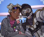  \m/ apex_legends black_gloves black_headwear brown_eyes dark-skinned_female dark_skin double_bun freckles gloves goggles gold_rush_octane grey_gloves grey_hair grey_jacket hair_bun hand_on_own_cheek hand_on_own_face helmet highres hoho_wotou jacket lifeline_(apex_legends) motorcycle_helmet octane_(apex_legends) official_alternate_costume peak_performer_lifeline pink_sweater selfie sweater viewfinder 