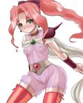 armor belt blush bow breasts cape choker dress earrings fast-r final_fantasy final_fantasy_iv final_fantasy_iv_the_after green_eyes hair_bow jewelry long_hair nipples no_panties older pauldrons pink_hair ponytail porom red_legwear see-through small_breasts solo thighhighs vambraces 