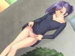  breasts censored covered_nipples day dutch_angle game_cg knees legs long_legs makimura_natsuki mosaic_censoring outdoors partner ponytail purple_hair pussy pussy_juice see-through side_ponytail skirt skirt_lift small_breasts solo tanaka_takayuki thighs 