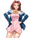  a1 blue_eyes breasts casual code_geass dress dress_lift kallen_stadtfeld large_breasts panties panty_pull pussy pussy_peek red_hair ribbon short_hair solo standing underwear 