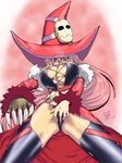  belt breasts claws corset dress fingering from_below fur hat heterochromia huge_breasts long_hair luminous_arc masturbation nakami_yoshikage nipple_slip nipples panties pink_hair smile solo thighhighs thighs underwear vanessa_(luminous_arc) very_long_hair witch_hat 