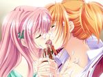  2girls bisexual_(female) blush breasts cum cum_on_body cum_on_breasts cum_on_hair cum_on_upper_body facial french_kiss game_cg hetero kiss mama_love medium_breasts multiple_girls orange_hair penis pink_hair yama_bikko 