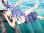  1girl artist_request barefoot blue_hair breasts copyright_request fellatio hetero medium_breasts one-piece_swimsuit oral penis school_swimsuit solo_focus swimsuit underwater underwater_sex 