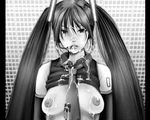  bad_id bad_pixiv_id breasts cum cum_on_body cum_on_breasts cum_on_upper_body detached_sleeves facial greyscale hatsune_miku large_breasts lips long_hair microphone monochrome nakasone_haiji necktie nipples solo twintails vocaloid 
