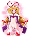  blonde_hair blush flat_chest hat long_hair no_panties pussy ribbon solo touhou yakumo_yukari yamu_(reverse_noise) 