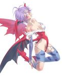  animal_print bat_print bat_wings blue_legwear blush boots demon_girl elbow_gloves flat_chest gloves head_wings jpeg_artifacts kujou_kiyo leotard lilith_aensland nipples pantyhose pink_eyes print_legwear purple_hair red_leotard short_hair solo succubus vampire_(game) wings 