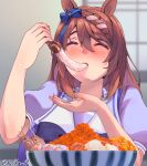  1girl animal_ears blurry blurry_background blush braid breasts brown_hair closed_eyes commentary_request eating eyebrows_visible_through_hair hair_between_eyes highres horse_ears horse_girl ikura_(food) large_breasts long_hair open_mouth reihou19 roe salmon signature solo super_creek_(umamusume) umamusume upper_body 