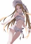  1girl abigail_williams_(fate) abigail_williams_(swimsuit_foreigner)_(fate) bangs bare_arms bare_shoulders bikini bonnet bow brown_hair closed_mouth eyebrows_visible_through_hair fate/grand_order fate_(series) feet_out_of_frame forehead groin highres long_hair looking_at_viewer miya_star_saa navel parted_bangs simple_background solo standing swimsuit very_long_hair white_background white_bikini white_bow white_headwear 