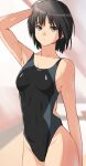  1girl amagami armpits bangs black_hair black_swimsuit breasts brown_eyes collarbone competition_swimsuit highleg highleg_swimsuit highres looking_at_viewer medium_breasts nanasaki_ai one-piece_swimsuit short_hair small_breasts solo standing swimsuit two-tone_swimsuit yoo_tenchi 