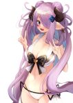  1girl bikini blue_eyes blush breasts cleavage draph earrings granblue_fantasy hair_bun hair_ornament hair_over_one_eye hairclip horns jewelry large_breasts light_purple_hair long_hair narmaya_(granblue_fantasy) navel nwem open_mouth pointy_ears purple_hair side-tie_bikini solo swimsuit v 