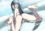  1girl absurdres arisu_(blue_archive) ass back barefoot bikini black_hair blue_archive blue_bikini blue_eyes blush fukuinu hair_between_eyes halo highres long_hair looking_at_viewer lying on_stomach open_mouth solo swimsuit water 