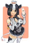  1girl :d animal_ears animal_print armband bangs bell black_eyes black_hair bottle bow bowtie breasts center_opening cleavage collared_shirt cow_ears cow_girl cow_print cow_tail elbow_gloves extra_ears feet_out_of_frame frilled_skirt frills gloves hair_bow hands_up hatch_(hatch_box) holding holding_bottle holstein_friesian_cattle_(kemono_friends) kemono_friends large_breasts legs_apart looking_at_viewer medium_hair microskirt milk milk_bottle multicolored_hair open_mouth print_gloves print_legwear print_shirt shirt sidelocks skirt sleeveless sleeveless_shirt smile solo standing tail tail_bell tail_bow tail_ornament thighhighs two-tone_hair white_hair zettai_ryouiki 