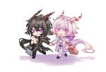  2boys animal_ears arknights bag bangs black_hair black_jacket black_pants bow brown_bow calcite_(arknights) chibi collared_shirt commentary_request ebenholz_(arknights) epaulettes eyebrows_visible_through_hair grey_shirt hair_between_eyes hair_bow highres holding_hands horns jacket long_hair long_sleeves low_ponytail male_focus multiple_boys open_clothes open_jacket pants paper_bag ponytail purple_bow purple_eyes shadow shirt shopping_bag simple_background suinianflo very_long_hair walking white_background white_hair white_jacket white_pants white_shirt 
