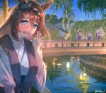  4girls animal_ears bangs baozi blue_bow blue_eyes blue_hairband blue_sky blush bow braid breasts bridge brown_hair brown_kimono commentary_request ear_covers eating eyebrows_visible_through_hair food fox_mask grin hair_between_eyes hair_bow hairband horse_ears horse_girl house inari_one_(umamusume) japanese_clothes kimono large_breasts long_hair looking_at_viewer mask mask_on_head multiple_girls night oguri_cap_(umamusume) open_mouth reihou19 river signature sky smile super_creek_(umamusume) tamamo_cross_(umamusume) tree twintails umamusume upper_body water 