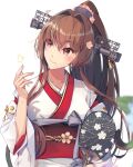  1girl brown_eyes brown_hair cherry_blossoms flower hair_flower hair_ornament hand_fan himeyamato japanese_clothes kantai_collection kimono llong_hairopen_mouth long_hair looking_to_the_side ponytail smile solo very_long_hair yamato_(kancolle) yamato_kai_ni_(kancolle) 