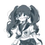  1girl :d blush chuuou_academy_school_uniform curly_hair dot_nose eyebrows_visible_through_hair eyes_visible_through_hair greyscale hair_between_eyes highres homocacti layered_sleeves long_hair long_sleeves magia_record:_mahou_shoujo_madoka_magica_gaiden mahou_shoujo_madoka_magica mariko_ayaka miniskirt monochrome necktie open_mouth plaid plaid_skirt pleated_skirt quad_tails sailor_collar school_emblem school_uniform scrunchie serafuku short_necktie short_over_long_sleeves short_sleeves simple_background sketch skirt smile solo teeth upper_teeth white_background 
