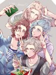  4boys :d ayuri bangs_pinned_back black_vest blonde_hair blue_eyes blue_hair blue_jacket box brown_hair camus_(uta_no_prince-sama) chopsticks english_text grey_background grey_eyes grey_hair grey_shirt hand_up heterochromia holding holding_box holding_chopsticks holding_phone hood hoodie jacket kotobuki_reiji kurosaki_ranmaru leaning_forward looking_up lunchbox male_focus medium_hair mikaze_ai multiple_boys partially_unbuttoned phone polka_dot purple_hoodie quartet_night red_eyes selfie shirt short_hair short_ponytail short_sleeves simple_background smile striped striped_shirt teeth upper_body upper_teeth uta_no_prince-sama v v-neck vest 