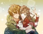  1boy 1girl :d artist_name bangs brown_hair green_eyes green_jacket grin hair_ornament highres holding holding_magnifying_glass hug jacket liv_livvu long_hair long_sleeves luke_pearce_(tears_of_themis) magnifying_glass open_mouth polo_shirt red_jacket rosa_(tears_of_themis) shirt short_hair smile tears_of_themis white_shirt 