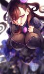  1girl bangs black_dress breasts brown_hair commentary_request cone_hair_bun dress fate/grand_order fate_(series) gem hair_bun hair_ornament hand_on_own_face large_breasts long_hair looking_at_viewer murasaki_shikibu_(fate) open_mouth pink_eyes purple_eyes sleeves_past_wrists solo soraao0322 very_long_hair 