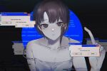  1girl 75mm_sad androgynous asymmetrical_hair bangs bare_shoulders blue_screen_of_death brown_eyes brown_hair collarbone dress error_message facing_viewer flat_chest glitch hair_ornament index_finger_raised iwakura_lain long_fingers looking_at_viewer pale_skin parted_bangs parted_lips serial_experiments_lain short_hair short_hair_with_long_locks sidelocks single_sidelock solo strap_slip white_dress window_(computing) x_hair_ornament 